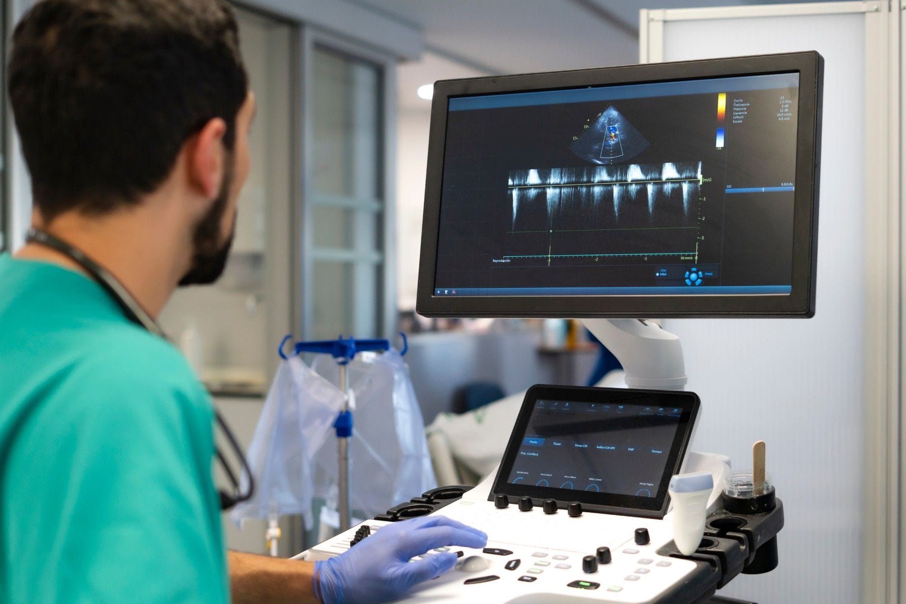 Medical professional reviewing a cardiac ultrasound on a monitor.