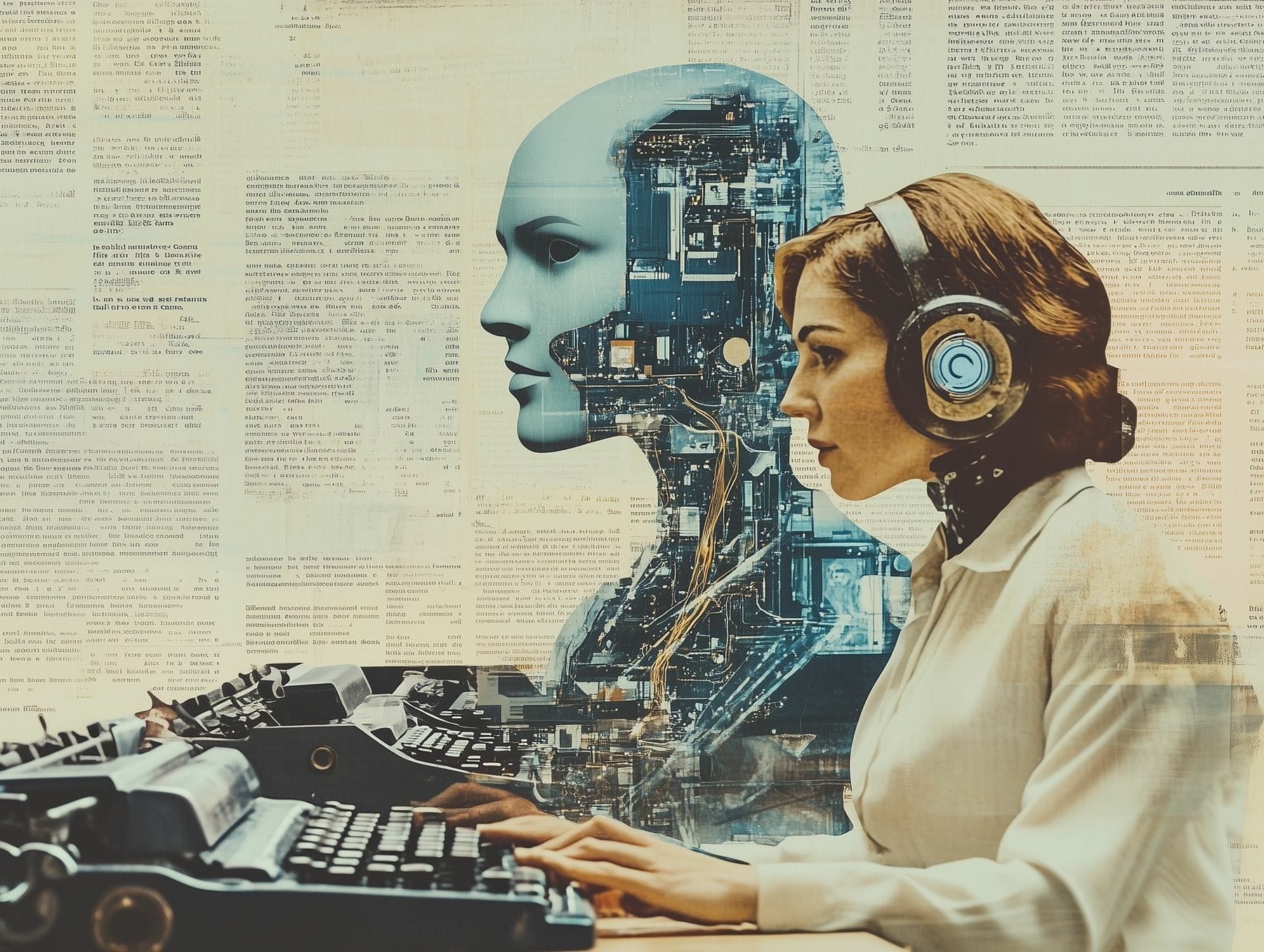 Collage depicting a woman at a typewriter with a robot head silhouette